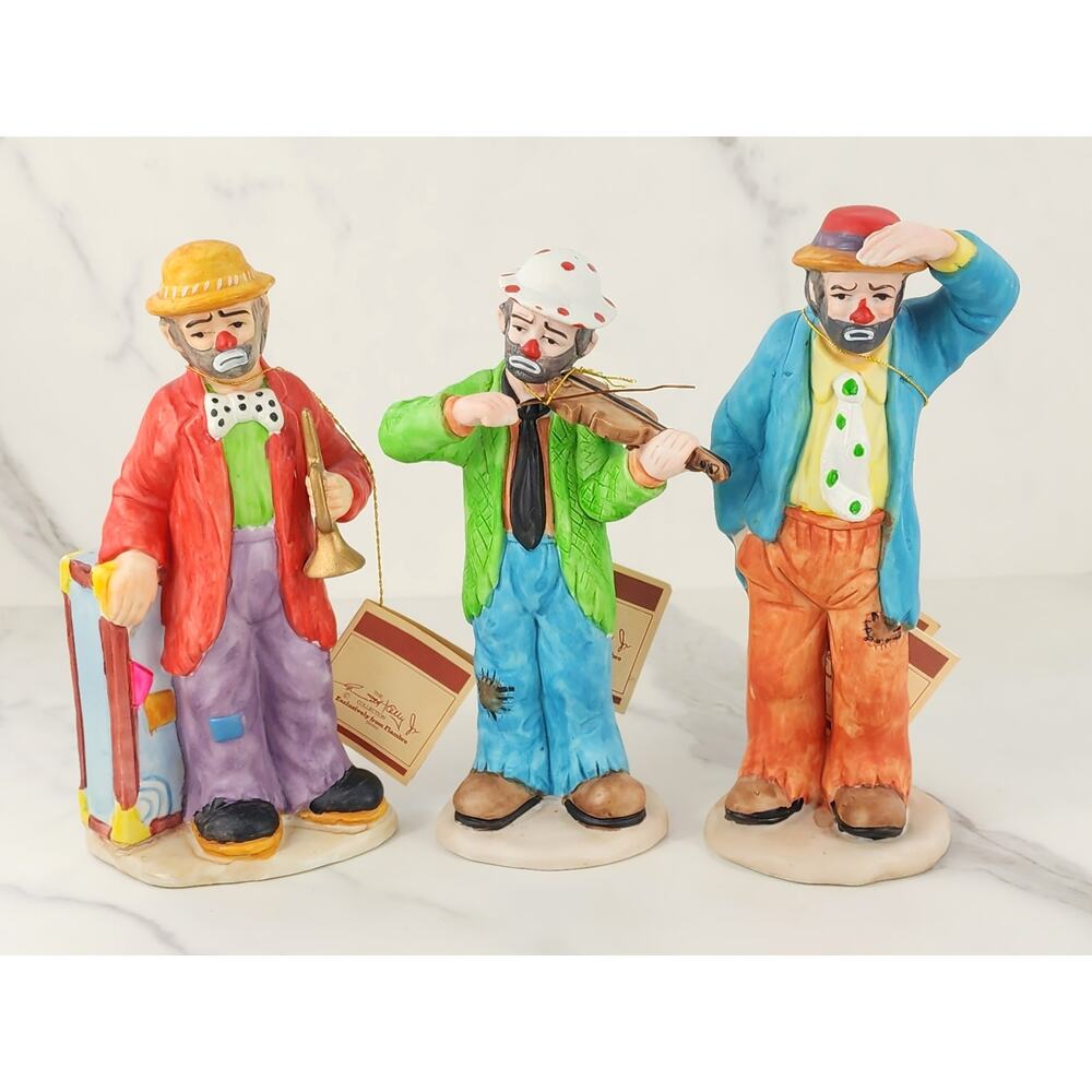 Flambro Emmett Kelly Jr. Clown Figurine Musician 7 1/2" Porcelain 80's x3 Taiwan